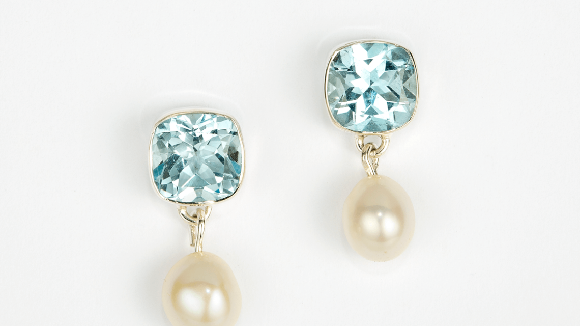 Blue Topaz & Pearl Drop Earrings in Sterling Silver - BE130A