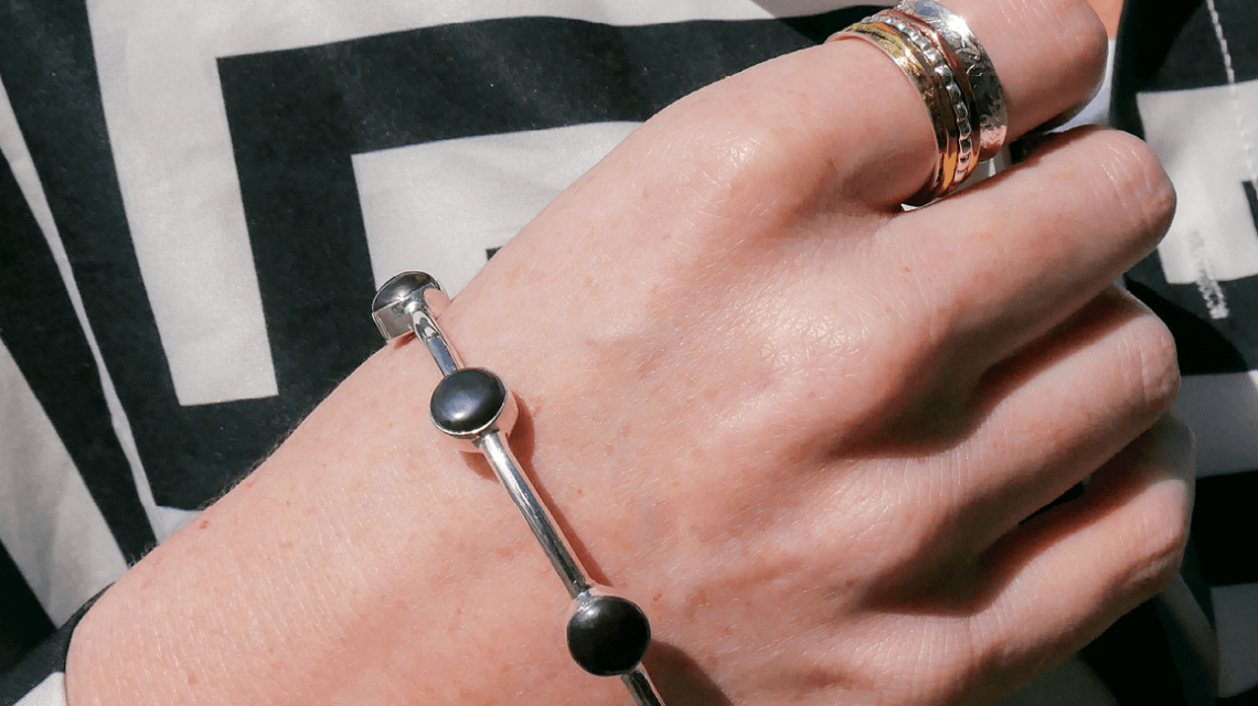 Sterling Silver Bangle with Black Freshwater Pearls on arm - BB7C