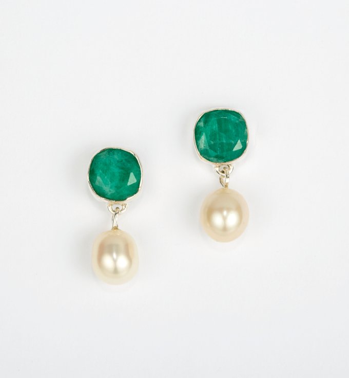 Heat Treated Emerald Gemstone Cushion Cut Earrings with Pearl in Sterling Silver - BE130C
