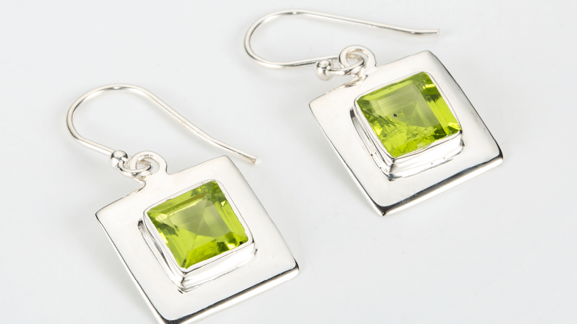 Square Sterling Silver Earrings with Peridot Gemstone - BE94E