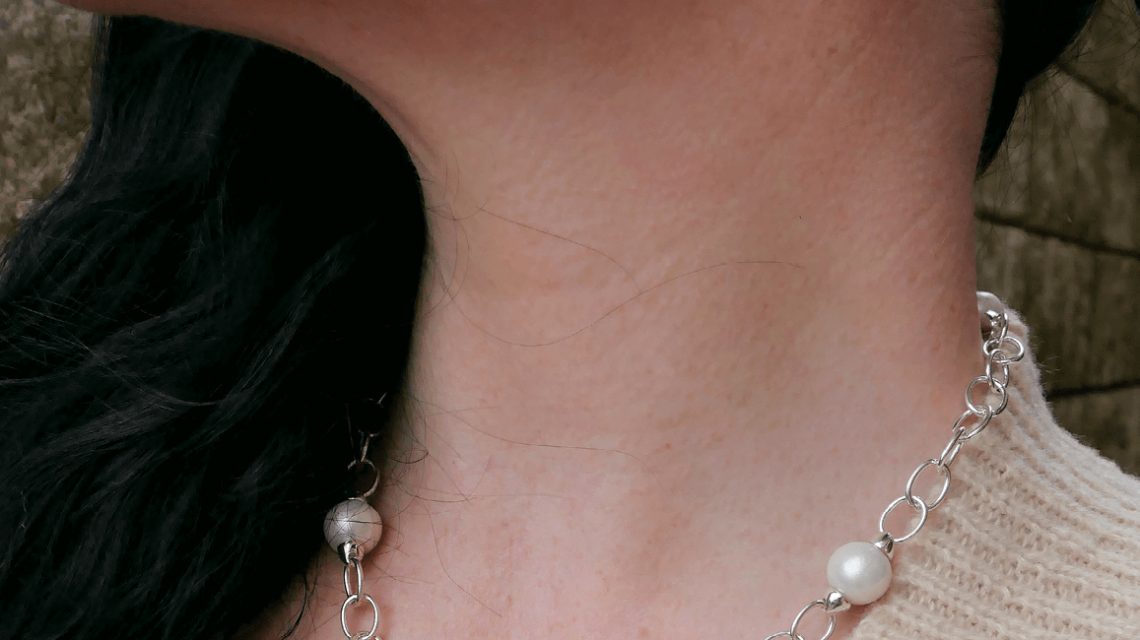 Sterling Silver Adjustable Necklace with Round White Freshwater Pearls on neck - FN41A