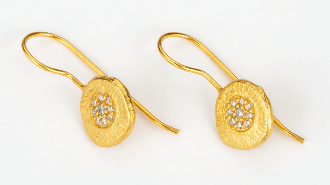 Brushed 18 Carat Gold Plating on Sterling Silver Drop Earrings with Cubic Zircon - AE33B