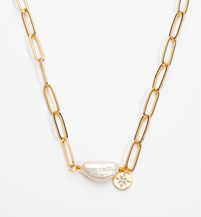 Adjustable 18 Carat Gold Filled Links Necklace with White Freshwater Pearl - KN6